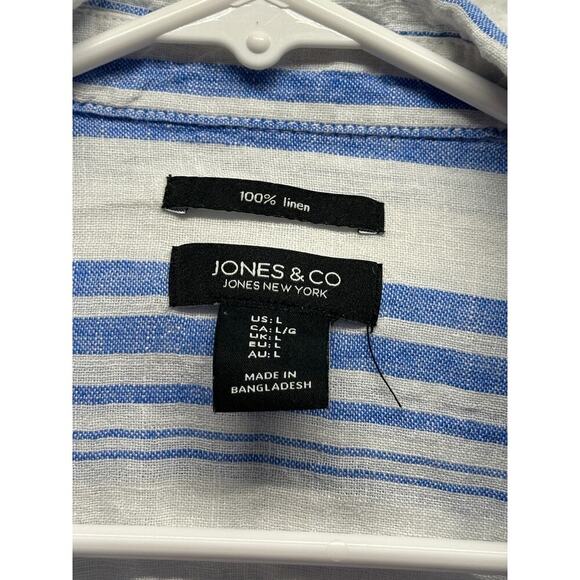 Woman Striped Linen Button Up Tunic Shirt White Blue L Jones New York Classy - Picture 4 of 9